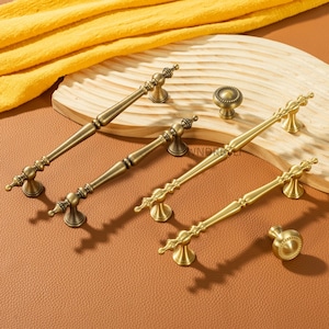 Solid Brass Kitchen Drawer Pulls- Brushed Gold Cabinet Handles, Vintage Knob Pull