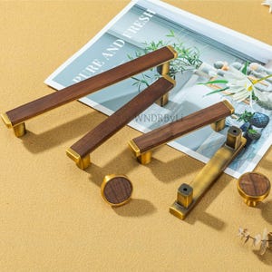 Walnut  Cabinet Pulls ,Wooden Drawer Handle: Aged Brass Dresser knobs