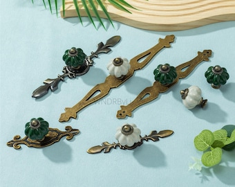 Pumpkin Ceramic Drawer Knob with Plate : Vintage Cabinet knobs , kitchen door handles