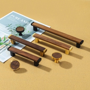 Black Walnut Drawer Pulls ,Wooden Kitchen Door handles,Black & Antique Brass Cabinet Knobs