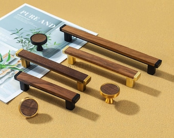ブラックウォールナットの引き出し取っ手、木製キッチンドアハンドル、ブラック＆アンティーク真鍮キャビネットノブ