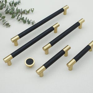 Manijas de puertas de gabinete de cuero negro y latón Herrajes: Tiradores de cajones, perillas de tocador, perillas de manija de cocina