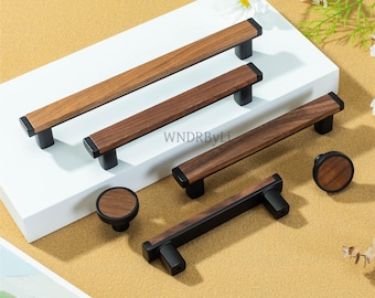 天然クルミ材引き出しノブ、木製キャビネットハンドル、黒色古美真鍮キッチンプルノブ
