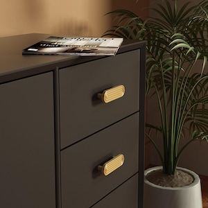 Op de afbeelding: Donkergrijze ladekast met drie lades, elk met een goudkleurige, rechthoekige handgreep. Een tijdschrift ligt bovenop. Een potplant is rechts van de lades te zien.