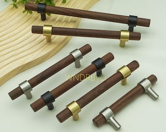 ウォールナット木製引き出しノブ＆プル、木製キャビネットハンドル：真鍮ブラックニッケルドアプルハードウェア