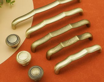 Aged Brass Drawer Pulls: Wavy Cabinet Knobs, Bamboo Style door handles