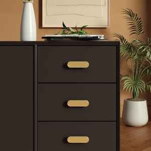 Op de afbeelding: Een donkerbruine kast met drie lades, elk met een goudkleurige, horizontale, ovaalvormige handgreep. Een witte vaas en een plant in een witte pot zijn zichtbaar. De kast staat tegen een warm getinte muur.