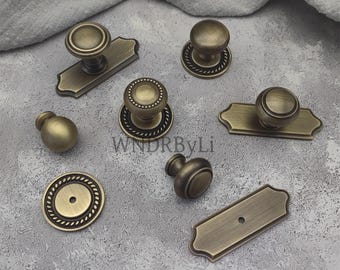 Solid Brass Cabinet Knob with back plate : Nordic Antique Bronze Drawer Pulls , Unique Decor