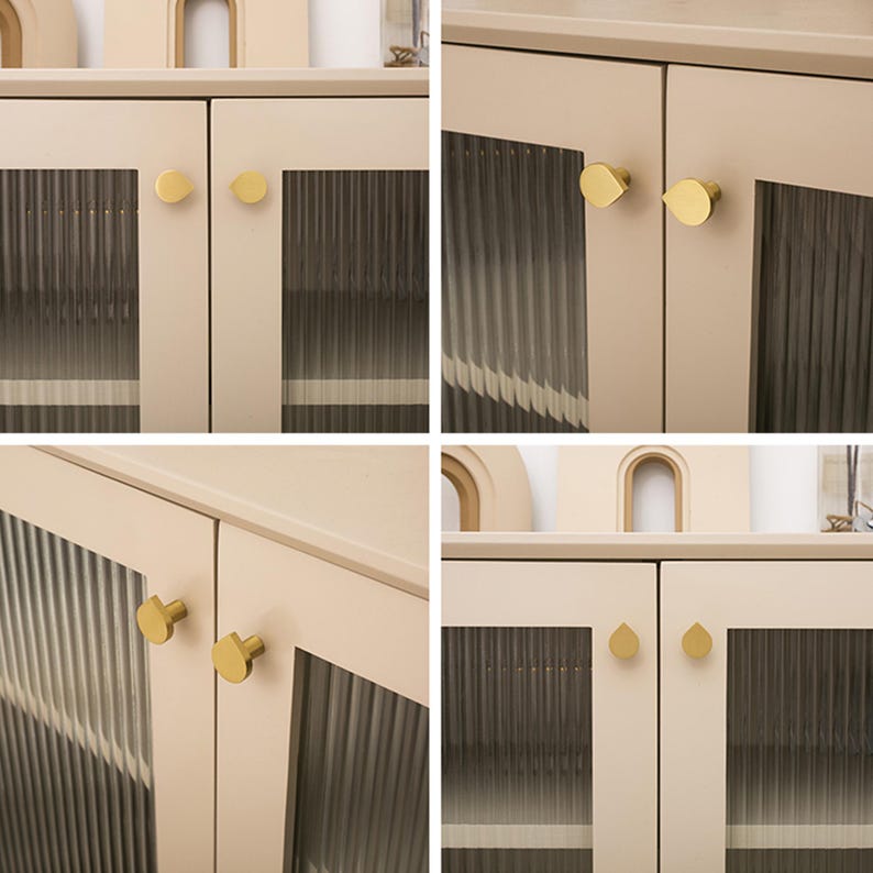 May include: A four-panel image of a beige cabinet with glass doors. Each door has a gold-coloured knob. The glass panels have a vertical ribbed texture. The cabinet's design is simple and modern, suitable for storage.
