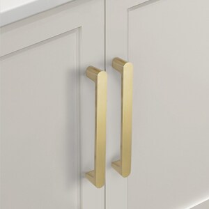 May include: Close-up of two gold-colored cabinet pulls mounted on a white cabinet door. The pulls are rectangular with rounded edges and a vertical orientation. The cabinet door has a recessed panel design.