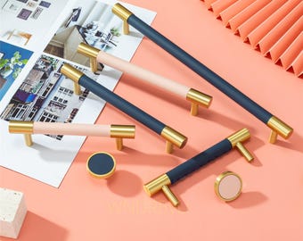 Manijas de puertas de gabinete de cuero y latón Herrajes: Tiradores de cajón azul oscuro, perillas de tocador rosadas y verdes