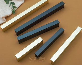 Brushed Brass Cabinet handles:  Black Drawer Pulls , Square kitchen door knobs hardware