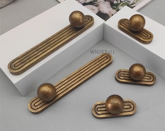 Vintage kitchen cabinet knob with plate, retro gold drawer handle knob, antique Brass pulls