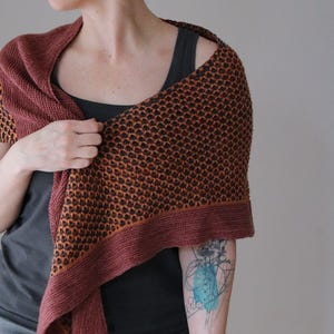 May include: A knitted shawl in shades of rust, brown, and black. The shawl has a honeycomb pattern and a solid rust-coloured border. The garment is draped over the shoulders, showcasing its texture and design.