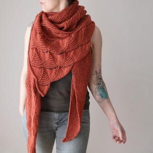 May include: A rust-colored knitted shawl with a textured, scalloped design. The shawl is draped over the shoulders and features long, pointed ends. The knitted pattern includes a combination of solid and openwork sections.