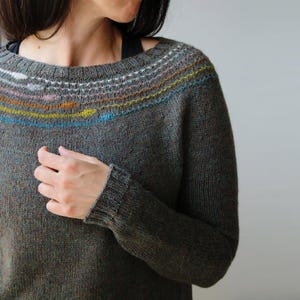 Può includere: Un maglione grigio a maglia con girocollo e maniche lunghe. Il maglione presenta un design a righe colorate sulla parte superiore del petto nei toni del blu, arancione, giallo e rosa. I polsini e lo scollo sono a coste.