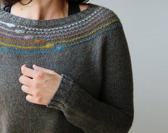 Patrón de tejido de jersey Planetary (PDF): Suéter de arriba a abajo con canesú de colores