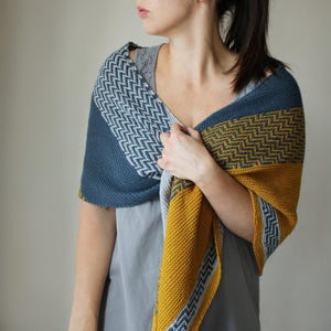 Peut inclure: Un châle tricoté dans les tons de bleu et de jaune moutarde, avec un motif géométrique en chevrons. Le châle est drapé sur les épaules, mettant en valeur le design complexe et le blocage des couleurs. Le châle est fait de fil doux et texturé.