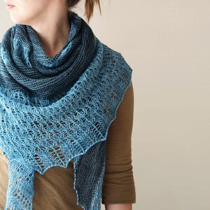 May include: A blue knitted shawl, featuring a gradient effect from dark to light. The shawl is draped over the shoulders, with an openwork pattern at the edges. The design highlights the texture and colour variations of the knitted fabric.