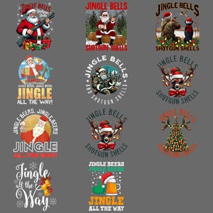 Könnte beinhalten: Eine Sammlung von weihnachtlichen Grafikdesigns. Der Weihnachtsmann wird in mehreren Designs mit einer Schrotflinte dargestellt, mit dem Text "Jingle Bells Shotgun Shells". Andere Designs zeigen Hirsche, Bier und festlichen Text.