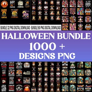 Puede incluir: Un paquete de descarga digital con más de 1000 diseños PNG con temática de Halloween. Los diseños incluyen gráficos, frases e ilustraciones espeluznantes para camisetas y otros productos. La imagen también incluye texto como "Halloween Bundle" y "Designs PNG".