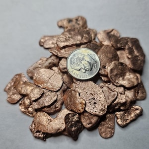 May include: A pile of irregularly shaped, copper-colored rocks with a silver dime coin on top. The rocks have a rough, textured surface and vary in size. The coin features a profile of a person and the word "Liberty".