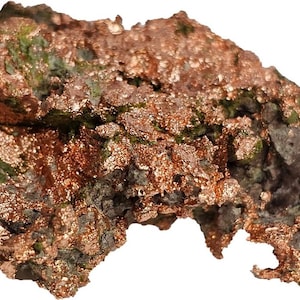 May include: A raw copper specimen with a rough, textured surface. The copper has a bright, metallic reddish-brown color with patches of green and dark gray. This natural mineral is ideal for collectors.
