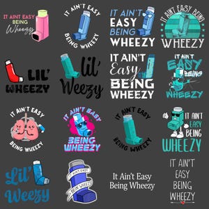 Puede incluir: Una colección de gráficos coloridos de inhaladores para el asma con los textos "It Ain't Easy Being Wheezy" y "Lil' Weezy". Las imágenes presentan varios diseños, incluyendo personajes de dibujos animados y superposiciones de texto, sobre un fondo gris oscuro.