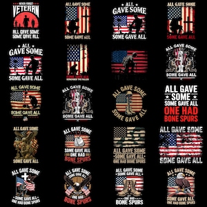 Può includere: Una collezione di design patriottici con la bandiera americana, sagome di soldati e testo. I design includono frasi come "All Gave Some, Some Gave All" e "Never Forget Veteran". La combinazione di colori è rosso, bianco e blu.
