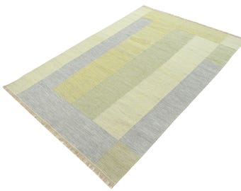 Handwoven Jute & Wool Rug: Green Geometric Flatweave, Boho Farmhouse Style