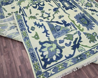 Handmade Green & Blue Wool Rug| Modern Kilim Geometric Carpet