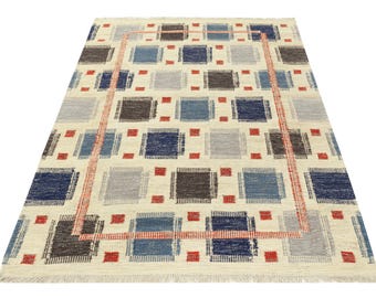 Alfombra Kilim de yute hecha a mano: estilo geométrico bohemio rústico.