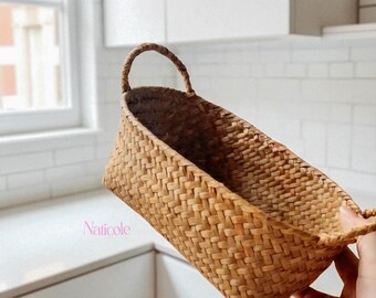 Rustic Storage Basket with Handles, Rectangular Organizer Rattan, Farmhouse Wicker