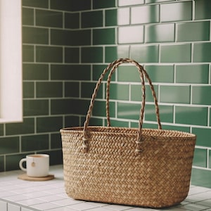Handwoven Basket with Handles, Rattan Woven Bag, Shopping Rustic Basket