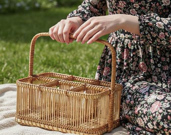 Divided Storage Basket with Handle, Rustic Storage Basket for Home, Natural Home Decor
