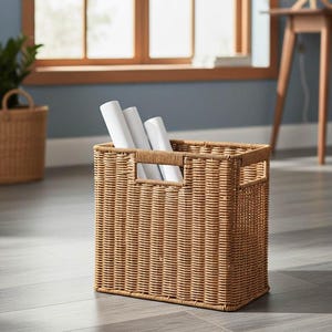 May include: A rectangular woven storage basket in a light brown color, with a handle cutout on the front. The basket contains three rolled-up white papers. The basket is on a gray floor, with a window and desk in the background.