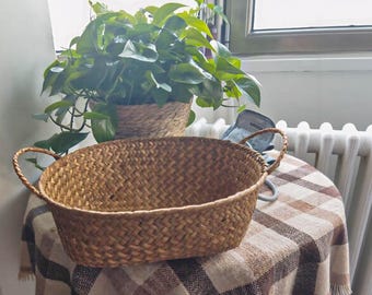 Seagrass Woven Storage Basket, Rustic Organizer Bin, Kitchen Home Decor