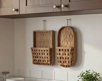 Woven Wood Wall Basket, Rustic Farmhouse Storage, Flower Holder