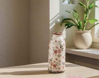 Floral Ceramic Vase, Rustic Farmhouse Decor