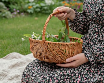 Cesta de picnic de mimbre hecha a mano, bolsa de almacenamiento rústica