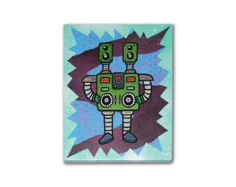 Op de afbeelding: Een groene robot met twee luidsprekers bovenop en een mixer in het midden. De robot staat op een blauwe en paarse achtergrond met witte stippen.