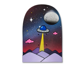 Desert Nights - 2 - Original, Graffiti, Skateboard Art - Free Standing, Hand Painted, Cute, Kidrobot, UFO, Moon, landscape, layered, Alien