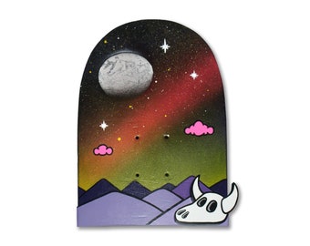Desert Nights - 3 - Original, Graffiti, Skateboard Art - Free Standing, Hand Painted, Cute, Kidrobot, Moon, landscape, layered, Skull