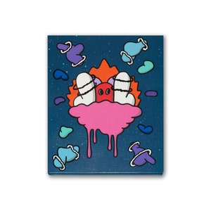 May include: A blue canvas painting featuring a pink, dripping cloud and a red, white, and orange creature with eyes. The background is a dark blue with white dots and colourful shapes.