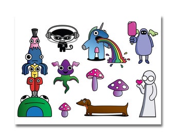 May include: A set of colorful cartoon stickers featuring a variety of characters, including a unicorn, a frog, a mushroom, a dachshund, and a creature with tentacles. The stickers are perfect for adding a whimsical touch to any project.