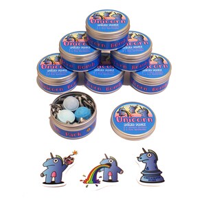 Unicorn Bomb Pack - 3x Bathbombs, 3x Stickers - Blue Tin - Bath, Bombs, Sticker Pack, Gift tin, Unicorn, Graffiti, Art