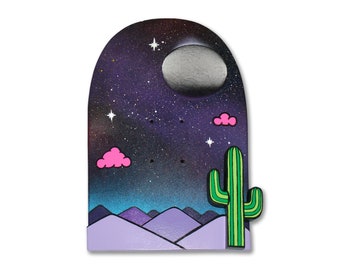 Desert Nights - 1 - Original, Graffiti, Skateboard Art - Free Standing, Hand Painted, Cute, Kidrobot, Cactus, Moon, landscape, layered