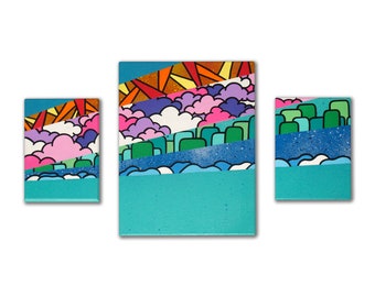 Elemental Rays - 3 x Original, Painted, Graffiti, Canvas - Triptych, Urban Pop, Art. Clouds, Street, Cute, Vibrant, Bold