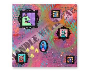 The Family -  Original, Painted, Graffiti, Canvas. Urban Pop, Art. Cute, Vibrant, Bold, Monsters, Characters, Alien, portrait
