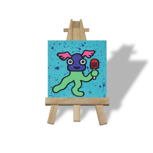 Floating Squid -  Original, Painted, Graffiti, Canvas. With Mini Easel. Urban Pop, Art. Cute, Vibrant, Bold, Graff, happy,